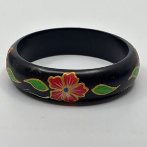 Vintage Hand Painted Wood Floral Bangle Bracelet Black Red Yellow Flower